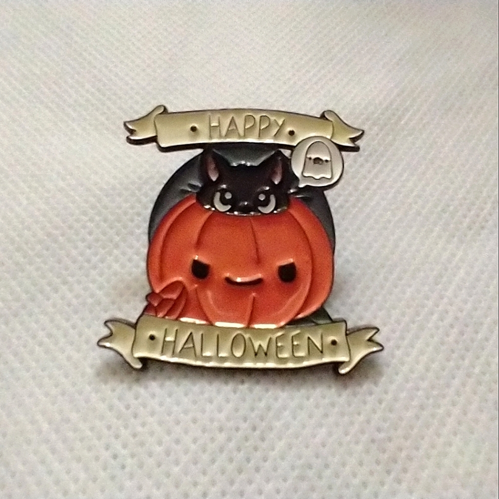 🧁 3/$30 Happy Halloween Jack-o'-lantern Black Kitty Ghost Enamel Pin NEW